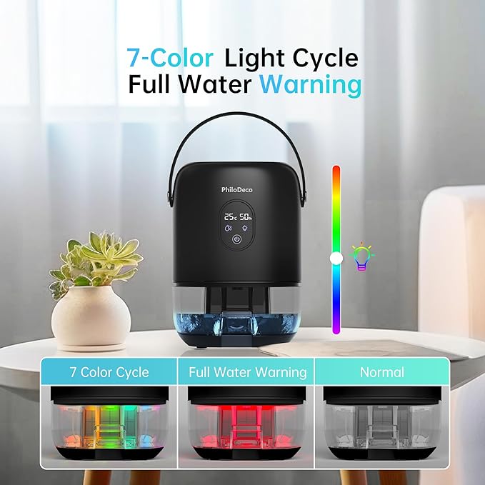 PHILODECO 280 Sq. Ft 35 OZ Dehumidifier, Portable Small Dehumidifiers for Bedroom, Bathroom, Basement,RV with CO mode, Sleep mode, Auto Shut Off, 7 Colorful Lights, Black