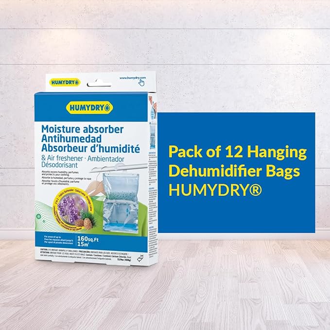 HUMYDRY® - Pack of 12 Hanging Dehumidifier Bags - Moisture Absorbers - 15.9 oz - Lavender and Cedar Scent - For Spaces Up to 200 sq. FT