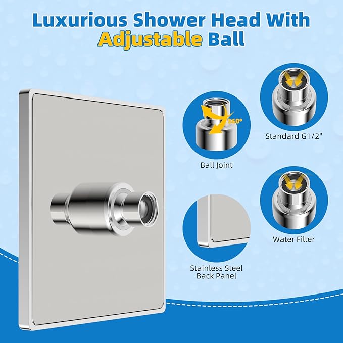 Hibbent Metal Filtered Shower Head, 6'' High Pressure RainShower Head, 20 Stage Shower Filter for Hard Water Softener, Bathroom Rainfall Shower Head to Remove Chlorine and Heavy Metals, Chrome