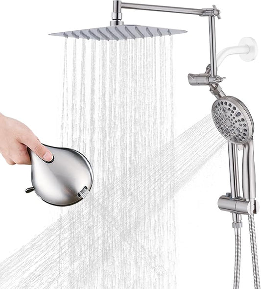 12" x 8" Rectangle High Pressure Rainfall Shower Head with Handheld Combo, 9 Setting Handheld Shower Head, Adjustable Height Shower Extension Arm and Slide Bar for Easy Reach - Brushed Nickel