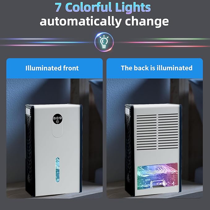 Dehumidifier, 72 OZ Water Tank Dehumidifiers for Home, 1076 sq. ft. Dehumidifier for Basement Bathroom Bedroom with Auto Shut Off, 7 Colors LED Light, Quiet Dehumidifiers with Sleep Mode (White)