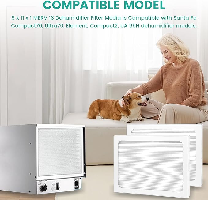 9 x 11 x 1 MERV 13 Replacement Dehumidifier Filter Compatible with Santa Fe Compact70, Ultra70, Element, Compact2, UA 65H dehumidifier Models, Upgraded, 4 Pack