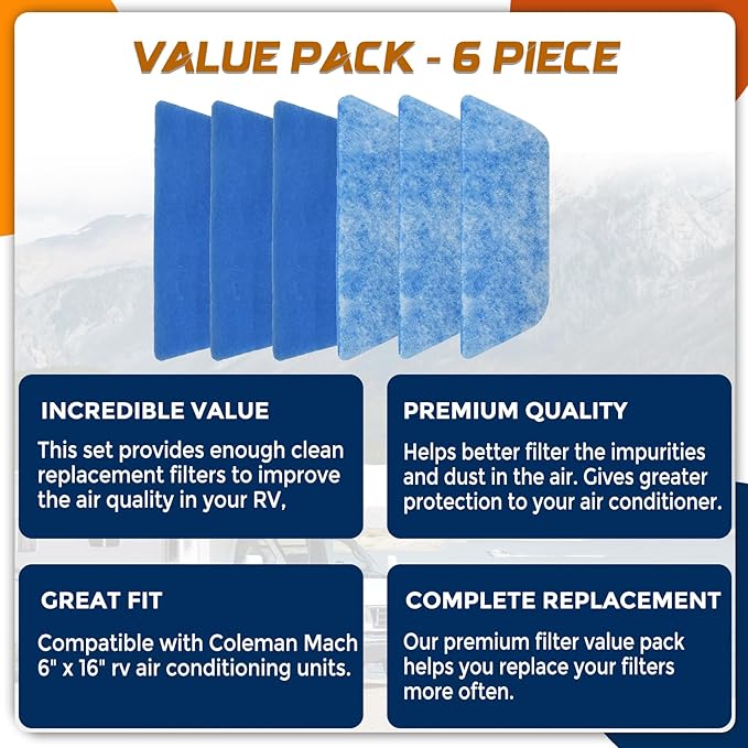 6 Pack RV Air Filter 6" X 16.5" RV AC Filter Compatible with Coleman Mach Air Conditioner Vent MERV 8 Rated RV Air Filter Replacement Unit