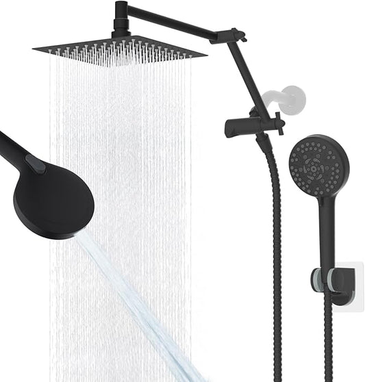 Metal Rain Shower Head with Handheld Spray Combo, 8” High Pressure Rainfall Shower Head with16" Shower Extension Arm, 10-Spray Handheld Built-in Power Wash, Solid Brass 3-Way Diverter, Matte Black
