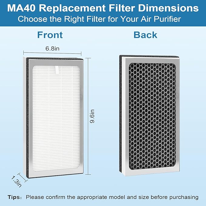 MA40 Replacement Filter Compatible with MA Air Purifier 40 Series MA40 MA40W MA40B,3-In-1 Filtration System of MA40,H13 True HEPA Filter with Activated Carbon Filter,2 Pack