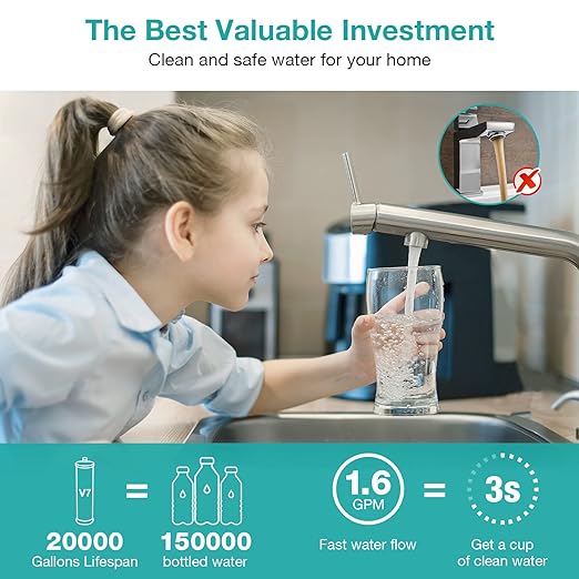 SimPure V7 Under Sink Water Filter, 5-Stage Stainless Steel Water Filtration System Direct Connect to Kitchen Faucet, Reduces 99% Lead, Chlorine, Bad Taste, 20K Gallons (No Drilling Required)