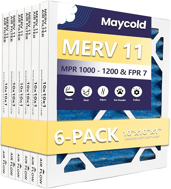 Maycold 10x10x1 MERV 11 Furnace Air Filter (6-Pack), High-Performance HVAC AC Filters for Home Use, Actual Size: 9.70” x 9.70” x 0.75”, Individually Wrapped in Plastic