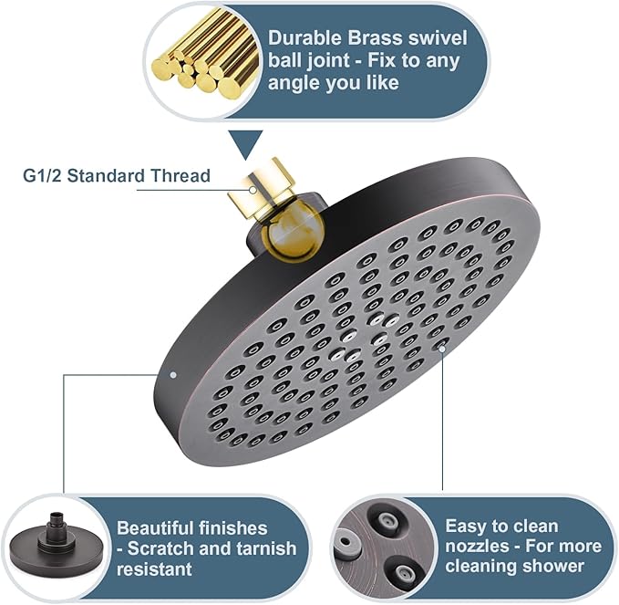 BRIGHT SHOWERS High Pressure Shower Head, 6 Inch Rain Shower Head, 2 Spray Settings Rainfall Shower Heads, Adjustable Angle Replacement Bathroom Showerhead, Easy Installation Oil Rubbed Bronze