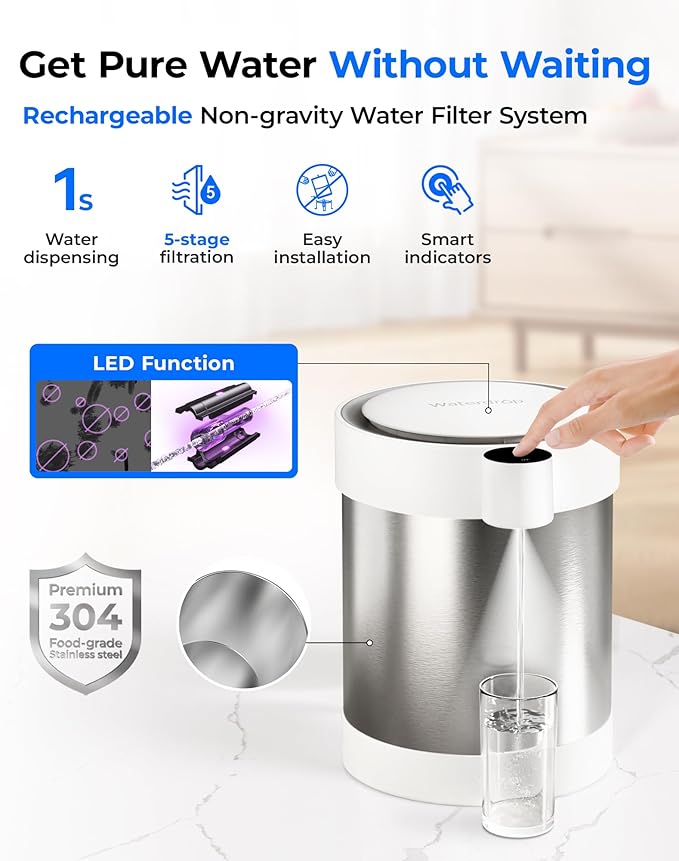 Waterdrop Rechargeable Non-Gravity Water Filter System with LED Function, Reduces 70+ Contaminants, Lead, Chlorine, 5-Stage Stainless Steel Filtration System, 22-Cup Water System, with 1 Filter