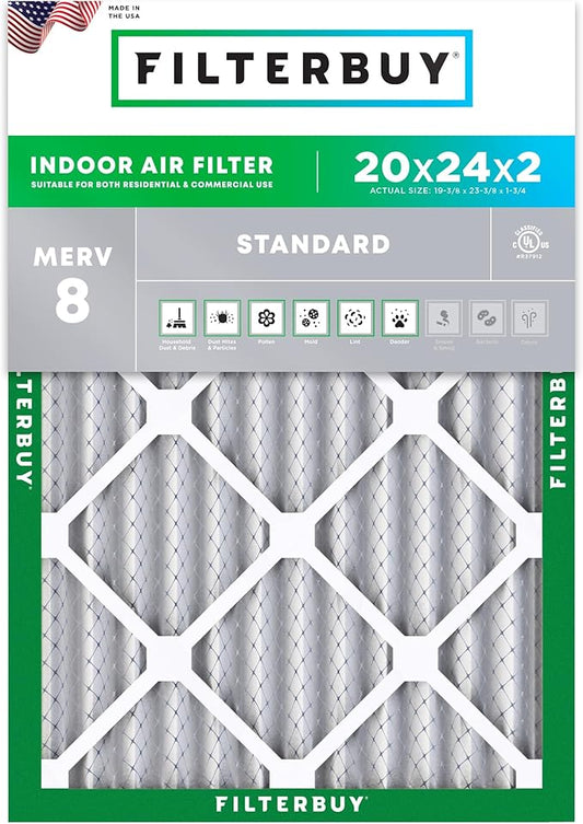 Filterbuy 20x24x2 Air Filter MERV 8 (MPR 700) Dust Defense Replacement (1-Pack), Electrostatic Pleated HVAC AC Furnace Filters, Made in USA (Actual Size: 19.38 x 23.38 x 1.75)