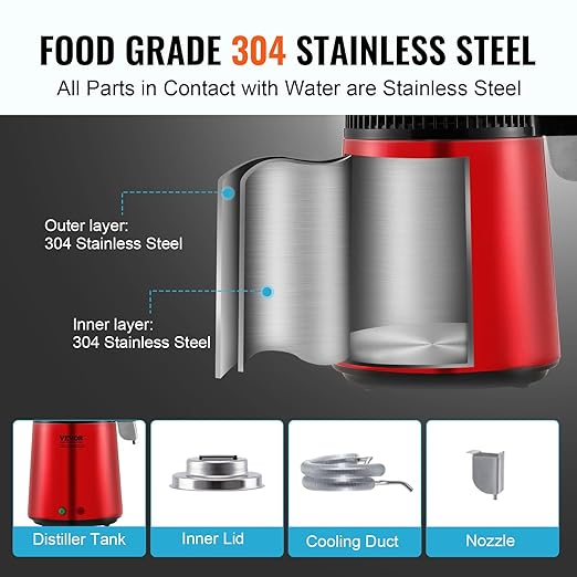VEVOR Water Distiller, 4L 1.05 Gallon Pure Purifier Filter for Home Countertop, 750W Distilled Maker, Stainless Steel Interior Machine to Make Clean Water, Red