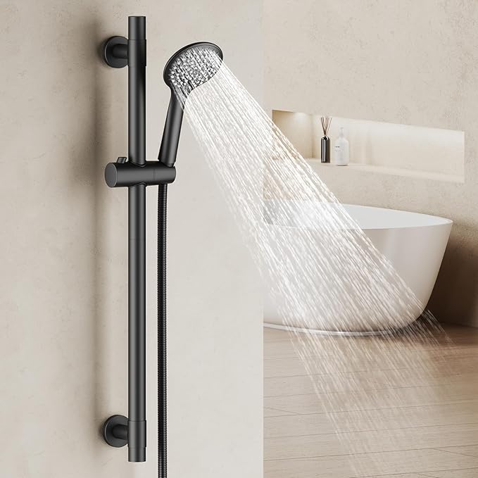 Shower Slide Bar Handheld Shower Head with Hose, 5-Function Hand Shower with Wall Mount，shower slide bar,adjustable height shower head (A-round, Matte Black)
