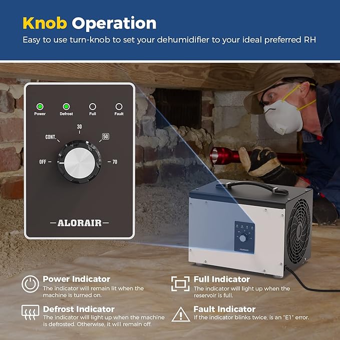 ALORAIR 70 PPD Crawl Space Dehumidifier, Crawlspace Dehumidifiers Commercial Dehu for Home and Basements, Compact, Portable, Auto Defrost, Memory Starting, cETL, 5 Years Warranty