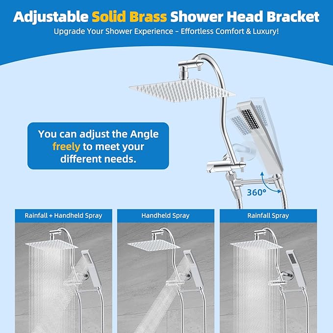 Hibbent All Metal Shower Head, 8'' High Pressure Rainfall Shower Head, Showerhead Combo, Handheld Shower Wand, 12'' Adjustable Curved Shower Extension Arm, 71'' Hose, Shower Head Holder, Chrome