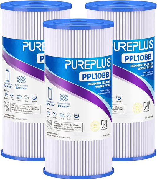 PUREPLUS 50 Micron 10" x 4.5" Whole House Pleated Sediment Filter for Well Water, Replacement Cartridge for GE FXHSC, Culligan R50-BBSA, Pentek R50-BB, DuPont WFHDC3001, W50PEHD, GXWH40L, 3Pack