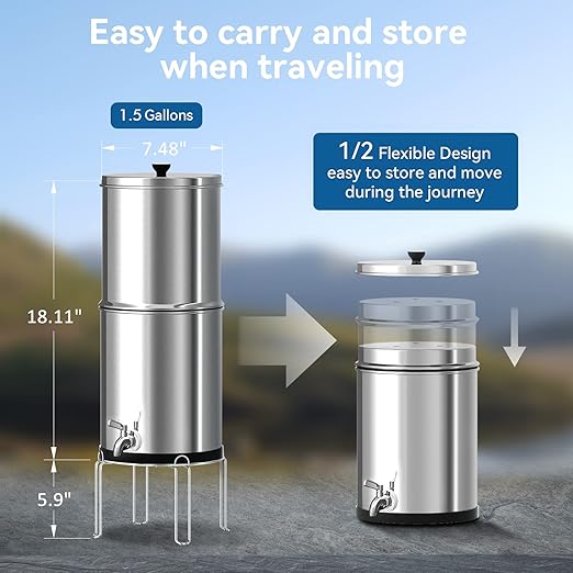Purewell Gravity-Fed Water Filter System, 1.5 Gallon Stainless Steel Countertop Filtration System with 2 Black Purification Elements and Metal Spigot for Home and Outdoor Use（with Stand）