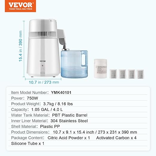 VEVOR Water Distiller, 1.1 Gal Distilled Water Machine, 750W Pure Water Distilling w/BPA Free Plastic Container, Water Distillation Kit w/Button, Countertop Distilled Water Maker for Home, White
