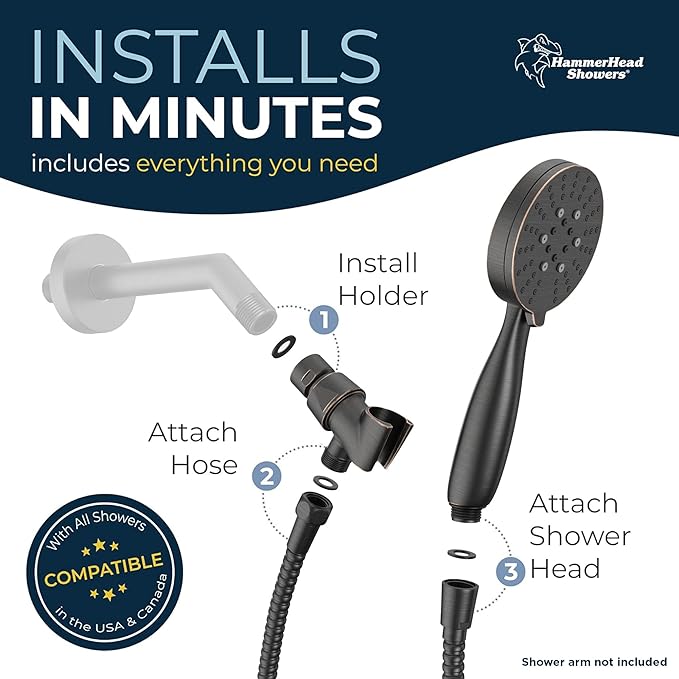 HammerHead Showers® Solid Metal 3-Spray Handheld Shower Head with Long Hose and Holder - OIL RUBBED BRONZE - 2.5 GPM High Pressure Shower Head with Handheld Sprayer - WIDE, MASSAGE, and MIST Sprays