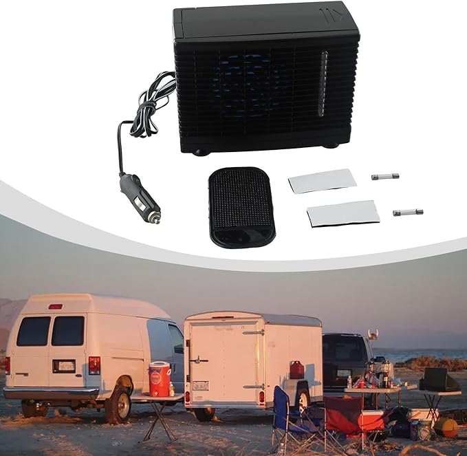 12V Portable Air Conditioner Fan with Water Cooling Tank for Car, Home, Camper, Boat, Travel, Quiet Low Power Air Cooler and Humidifier, Black