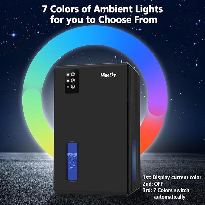 NineSky Dehumidifier for Home, 95 OZ Water Tank, (1000 sq.ft) Dehumidifiers for Bathroom Bedroom Basement with Auto Shut Off,7 Colors LED Light (Black)