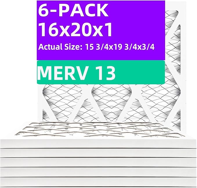 16x20x1 MERV 13 (6-Pack) Pleated Air Filter (Actual Size: 15.75x19.75x0.75") MPR 1900 & FPR 10, Furnace Air Filters,16x20x1 air filter