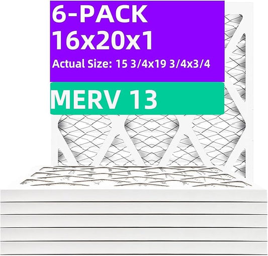 16x20x1 MERV 13 (6-Pack) Pleated Air Filter (Actual Size: 15.75x19.75x0.75") MPR 1900 & FPR 10, Furnace Air Filters,16x20x1 air filter