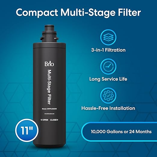 Brio 11" 3 Stage Single Housing Replacement Filter for Under Sink Water Filtration System Models: FUS100A & FUS100F | 12,000 Gallons or 18 Months | NSF 42 & 372 Certified