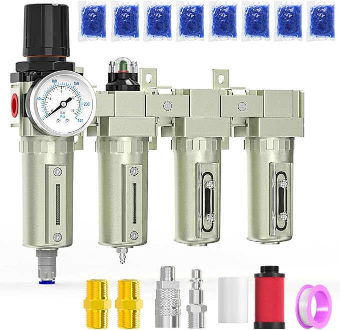 4 Stage Heavy Duty Industrial Grade 3/4" NPT Air Drying System, Auto Drain,Coalescing Filter,Particulate Filter,Double Desiccant Dryer and Air Regulator For Plasma Cutter and Paint Spray