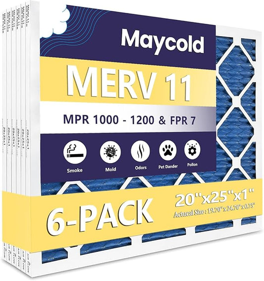 Maycold 20x25x1 MERV 11 Furnace Air Filters (6-Pack), High-Efficiency Pleated AC HVAC Filter for Home Use – Captures Fine Dust & Pet Hair, Actual Size 19.70 x 24.70 x 0.75, Individually Wrapped