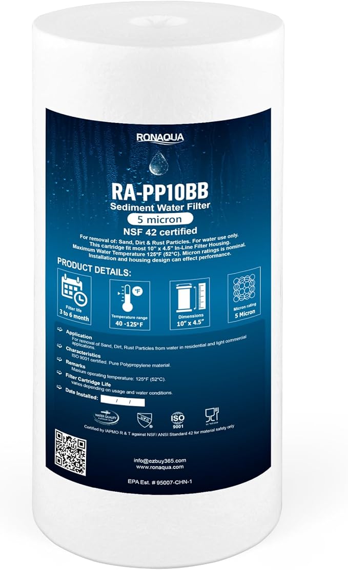 Ronaqua 10" x 4.5" Big Sediment Replacement Water Filter Cartridge, 5 Micron, NSF Certified, for Whole House, Compatible with RFC-BBSA, W15-PR, WFHD13001B, GXWH35F, HF45-10BLBK10PR and AP817
