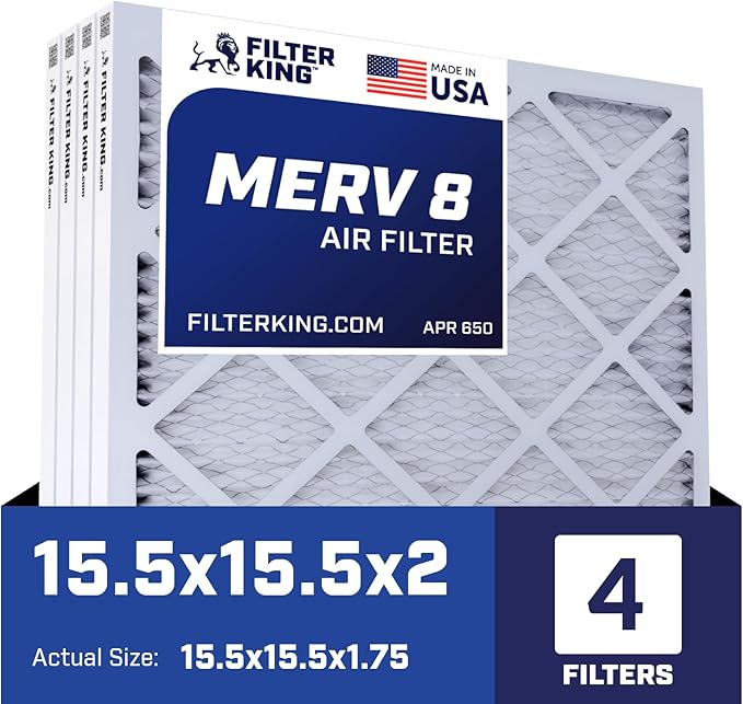 Filter King 15.5x15.5x2 Air Filter | 4-PACK | MERV 8 HVAC Pleated A/C Furnace Filters | MADE IN USA | Actual Size: 15.5 x 15.5 x 1.75"