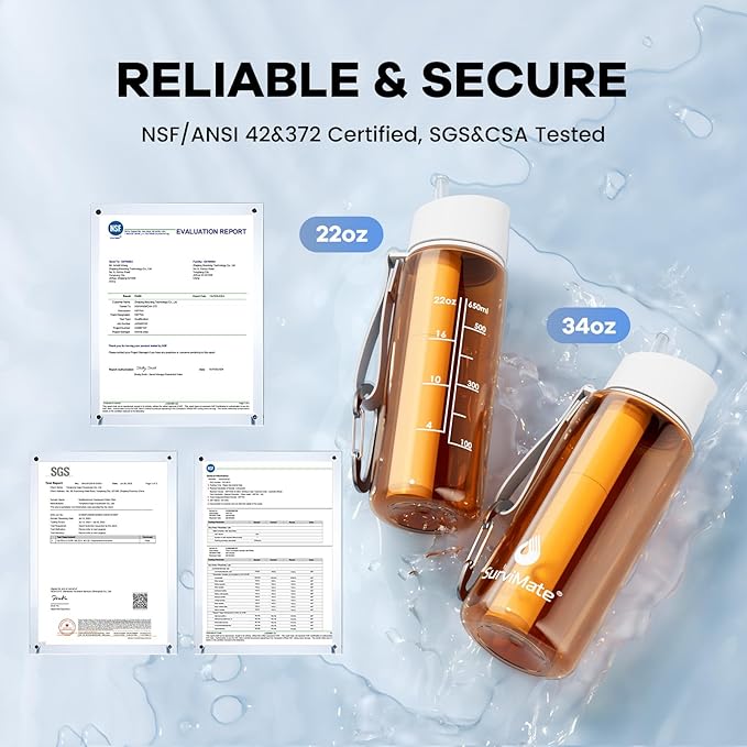 SurviMate 5-Stage 0.01μm Ultra-Filtration Filtered Water Bottle, BPA-Free Material, NSF/ANSI 42&372 Certified, Portable Water Filter Bottle for Survival, Camping, Hiking, and Emergency Use