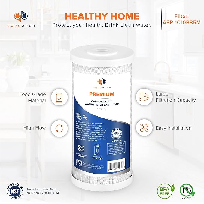 Aquaboon 5 Micron 10 x 4.5 Premium Carbon Filter Cartridge Whole House CTO Block Water Filter Replacement Compatible with FXHTC, CB-BB-10, 4-Pack