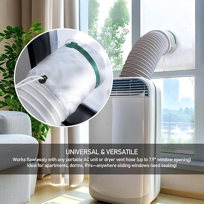 Universal Portable AC Window Seal Kit, Adjustable 40-63" Sliding Window Vent Panel w/Drawstring and Adhesive, No-Drill Insulation for Air Conditioner and Dryer Hose (White)