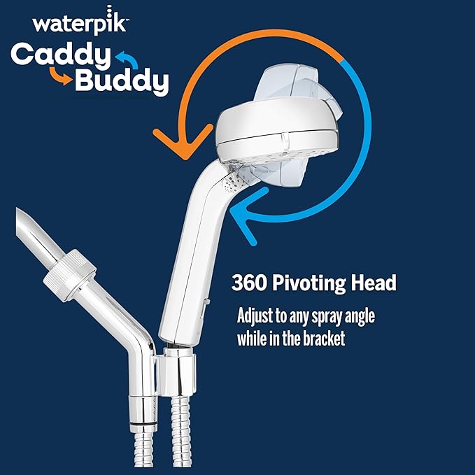 Waterpik Caddy Buddy Pivoting Hand Held Shower Head With 5-Foot Hose, 5-Mode with High Pressure Sprays, Chrome, PHO-553ME