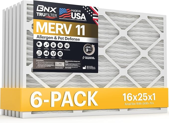 BNX TruFilter 16x25x1 Air Filter MERV 11 (6-Pack) - MADE IN USA - Allergen Defense Electrostatic Pleated Air Conditioner HVAC AC Furnace Filters for Allergies, Dust, Pet, Smoke, Allergy MPR 1200 FPR 7