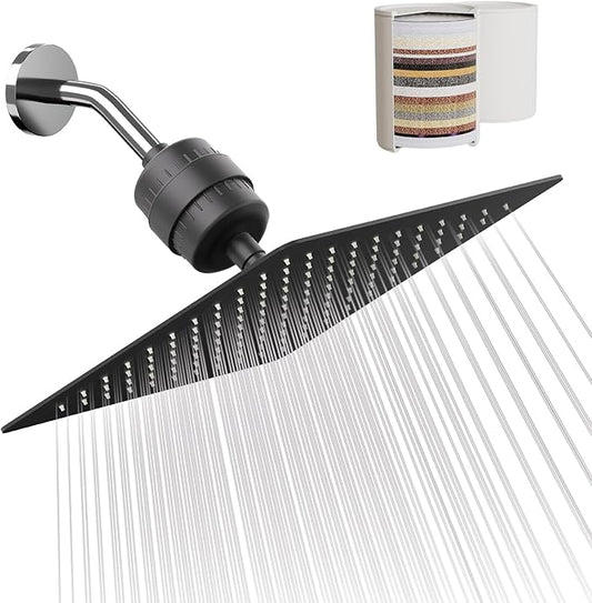 Filtered Shower Head with 20-Stage Shower Filter,Two Replacement Filter Cartridges,Rain Shower head High Pressure for Removing Chlorine and Harmful Substances(10 Inch, Matte Black)