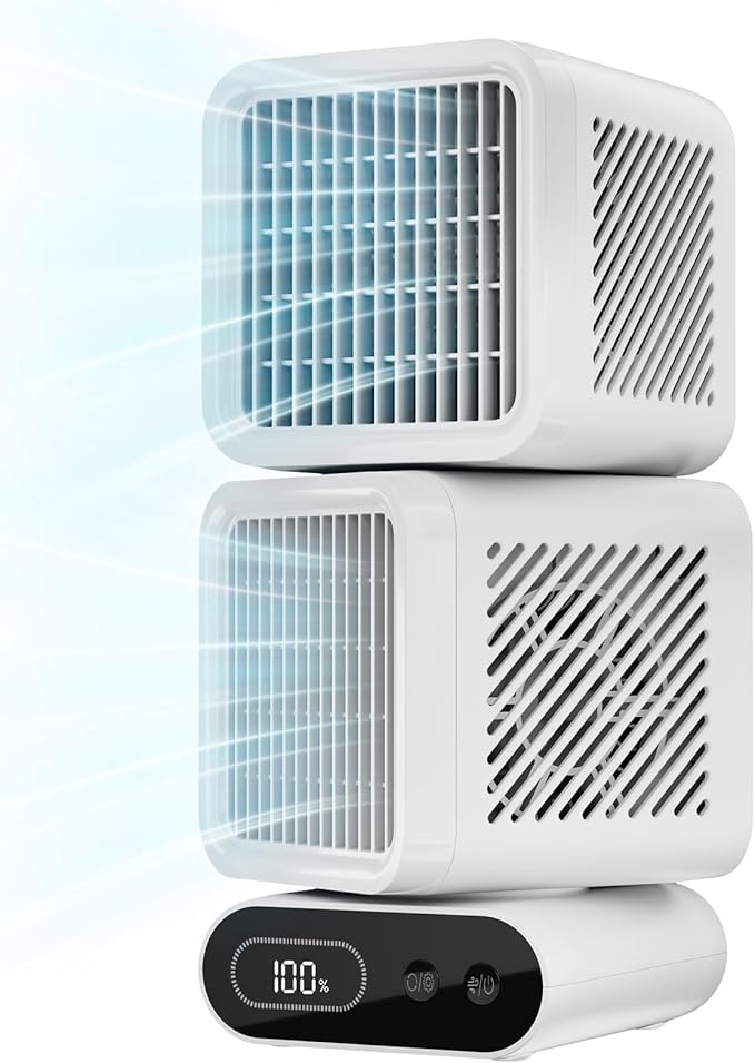 Desk Fan, 11-Inch Table Fan for Bedroom, 6 Speeds, Digital Display, Dual Heads 6000mAh Battery USB Fans, 360° Rotating, 120° Auto Oscillating, Desk Fans Small Quiet for Home, Office, Kitchen