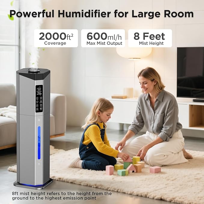 Humidifiers for Bedroom - GloryAir 2.38Gal/9L Dual Atomizers Top Fill Humidifier for Large Room 2000ft² with Auto Rotation 7-Color Light Humidistat Quiet Commercial Humidifiers for House Plants Baby