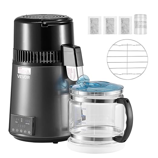 VEVOR Water Distiller, 4L 1.1 Gallon Pure Water Purifier Filter for Home Table Countertop, 1750W Distilled Maker with Glass Pot, Stainless Steel Interior Drinking Machine to Make Clean Waters, Grey