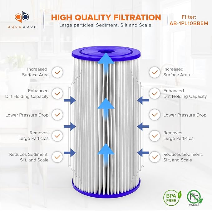 Aquaboon 5 Micron Pleated Sediment Water Filter 10 x 4.5 Cartridge - Whole House Water Filter Replacement - Whole House Water Filters Cartridges Compatible with Well Filters FXHSC, R50-BBSA, 2-Pack