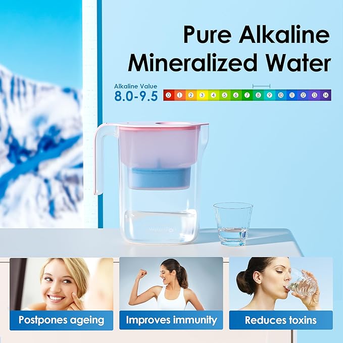 Waterdrop Alkaline Water Filter Pitcher with 1 Filter, Healthy, Clean & Toxin-Free Mineralized Alkaline Water (100 Gallons), Up to PH 9.5, BPA Free, 7-Cup, Pink