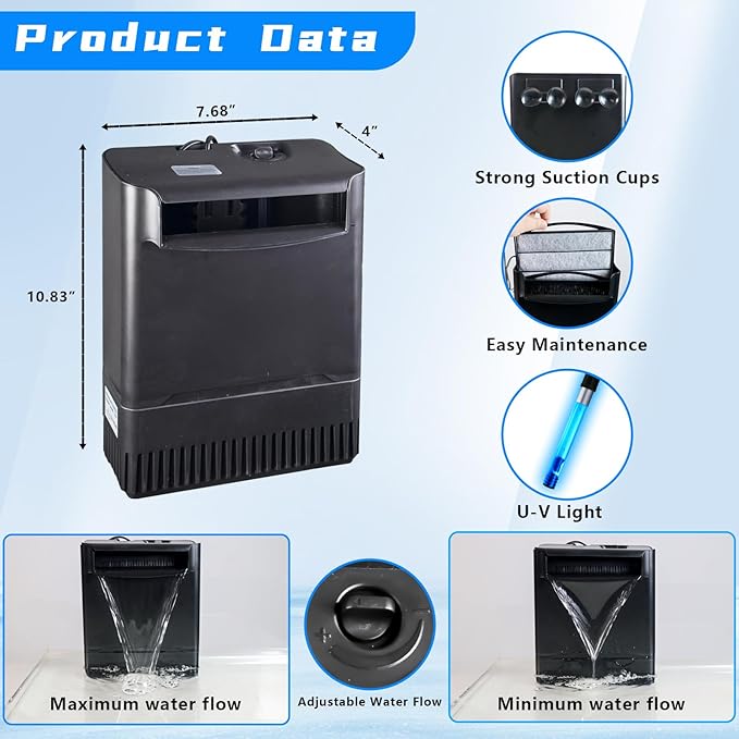 Turtle Tank Filter w/U-V Light for Large 40-150 Gal Tank 4-Stage Flow Adjustable Low Water Level Internal Deodorization Green Clean Machine Killing Cloudy Saltwater Freshwater Aquarium Crystal Clear