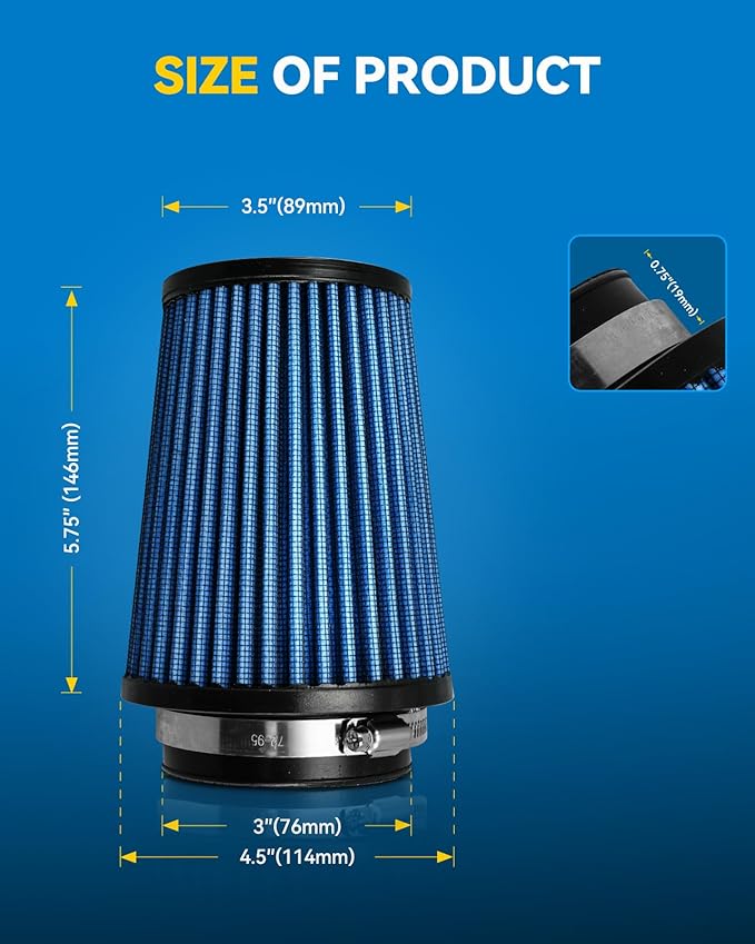 PHILTOP Universal Clamp-On Air Intake Filter, High Performance, Washable, Replacement Air Filter: High Flow Air Filter Flange Diameter: 3 In, Filter Height: 5.75 In, Flange Length: 0.75 In