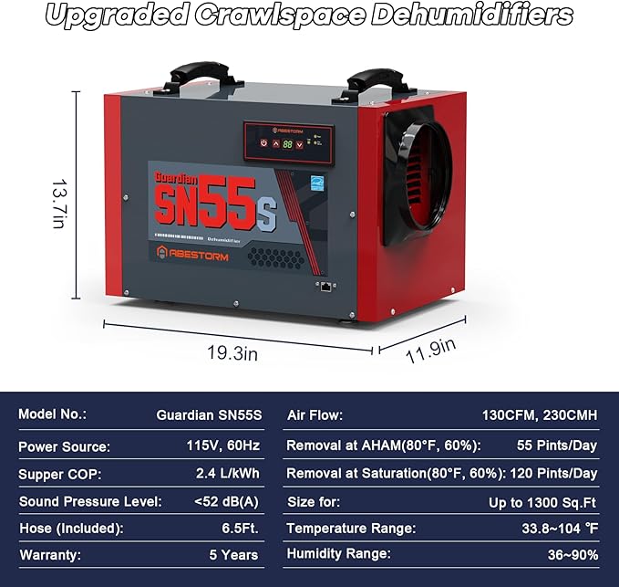 Abestorm Crawl Space Dehumidifier, 120Pint Commercial Dehumidifiers for Basement, Industrial Dehumidifier with Drain Hose, Portable Dehumidifier Crawlspace, Auto Defrosting, 5 Years Warranty