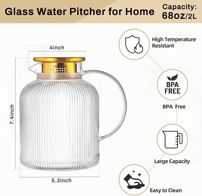 2 Liter 68 Ounces Glass Pitcher with Lid and Spout, Large Vertical Stripes Water Pitcher ribbed Borosilicate Glass Fridge Water Carafe for Cold Brew, Coffee, Lemonade, Sun Tea,Heat Resistant