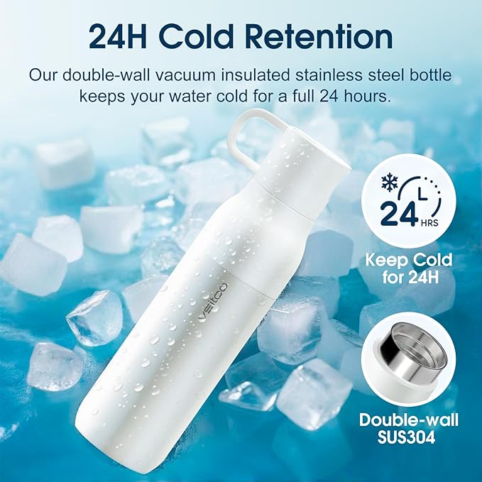 VSITOO 25 oz Water Purifier Bottle–Stainless Steel, Carbon Fiber Filter, Double-Wall Insulated, BPA-Free, Ideal for Hiking, Cycling, Gym & Outdoor Use–Life Straw Compatible,White