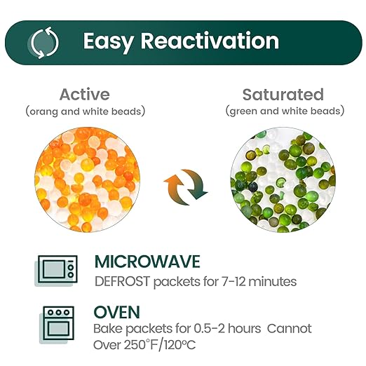 12 Packs 100 Gram Rechargeable Desiccant Packs, Indicating Silica Gel Packets, Moisture Absorbers for Storage, Gun Safe Dehumidifiers