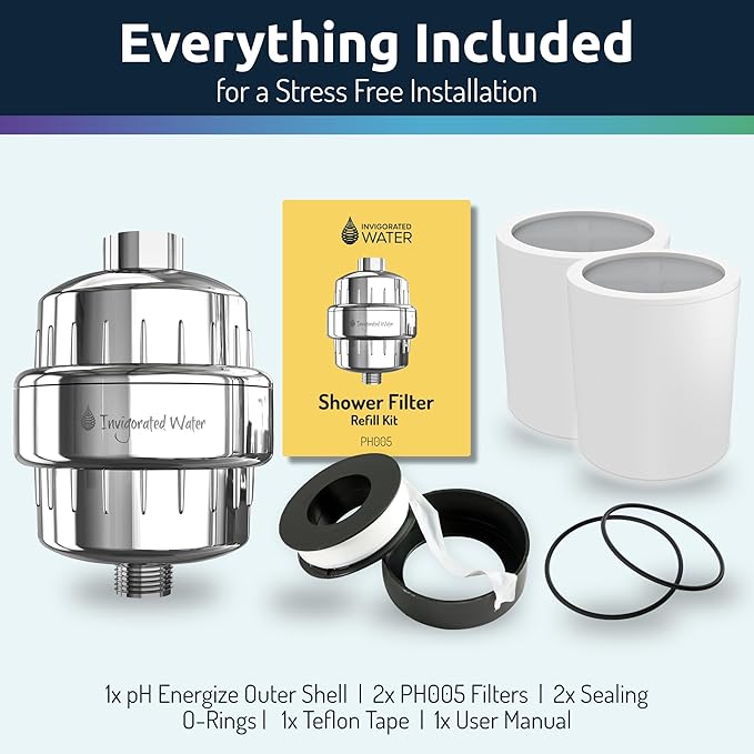 Invigorated Living Shower Filter pH ENERGIZE - 15-Stage High Output Shower Head Filter for Hard Water – Increases pH, Removes Chlorine & Heavy Metals – For Dry Hair & Skin – Includes 2 Cartridges