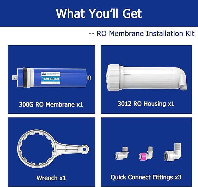300 GPD RO Membrane Filter Replacement with Reverse Osmosis Membrane Housing, Wrench, 1/4" Quick-Connect Fitting, Check Valve, Fit Under Sink RO Home Drinking Water Filter Filtration Purifier System